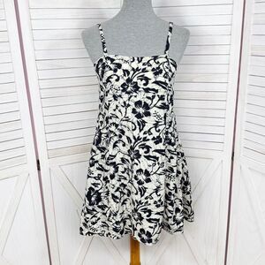 Far Away Tropical Floral Print A‎ Line Sundress Cream Black Small
